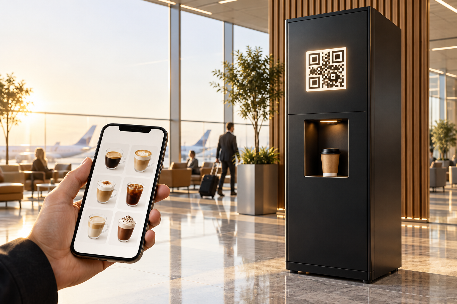 Высокий QR кофе-автомат с окном выдачи и выбором напитка на смартфоне