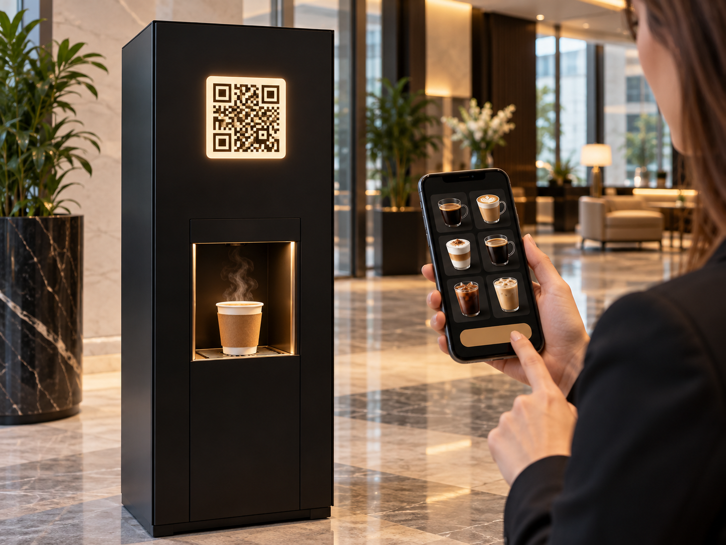 Большой QR кофе-автомат с окном выдачи и меню напитков на смартфоне